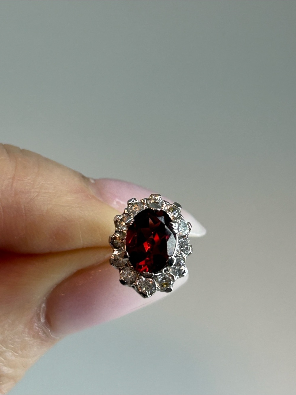 Red Garnet Halo Stud Earrings with Clear Accent Stones